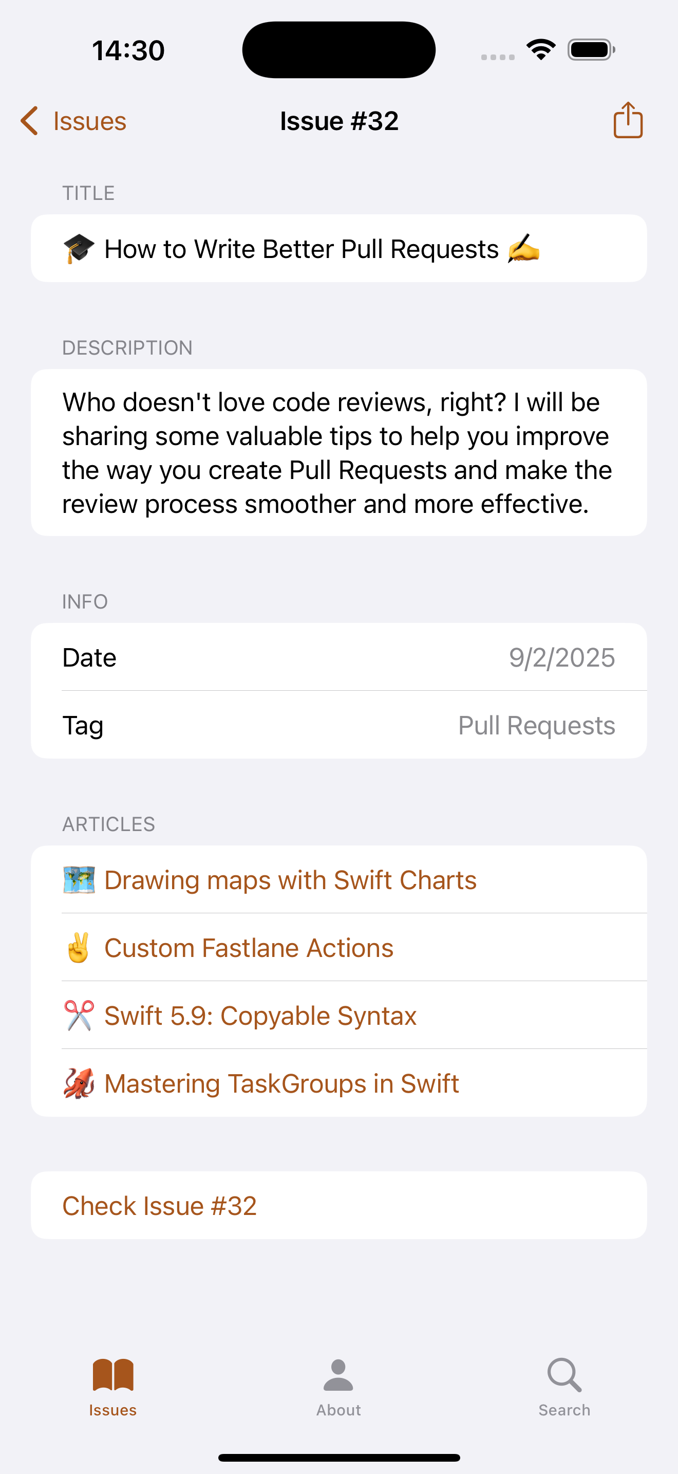 iOS Coffee Break app's issue detail view.