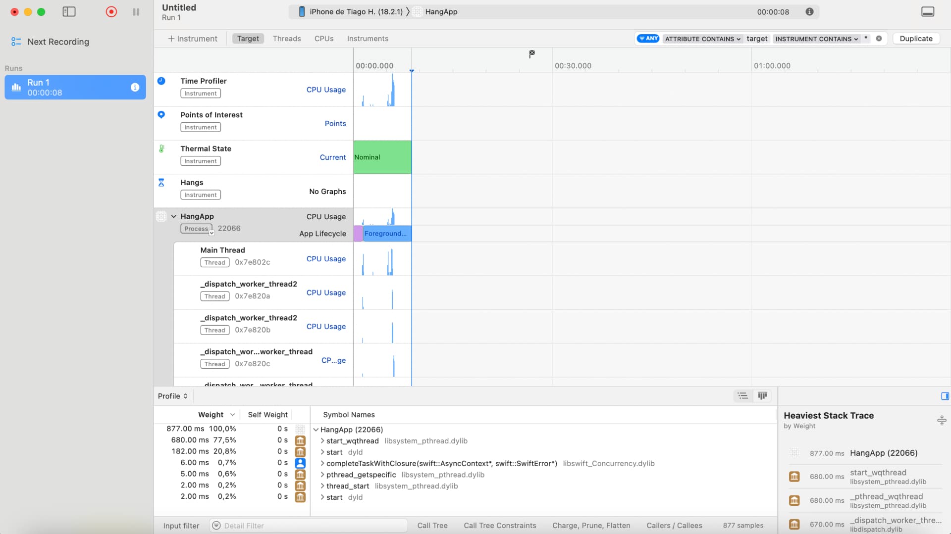 CPU Usage Trace Graph after offloading the task to a background thread.